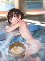 1girl basin blunt_bangs blurry braid brown_eyes brown_hair commentary depth_of_field double_bun flat_chest hair_bun highres kabayaki_namazu kantai_collection long_hair looking_at_viewer nude onsen rubber_duck smile solo twin_braids water yawata_maru_(kancolle) rating:Questionable score:58 user:danbooru