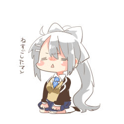  1girl :&lt; =_= black_jacket blazer blue_necktie blue_skirt blush blush_stickers bow brown_sweater chibi closed_eyes collared_shirt full_body grey_hair hair_between_eyes hair_bow hair_ornament hairclip higuchi_kaede higuchi_kaede_(1st_costume) jacket lowres necktie nijisanji nose_blush open_clothes open_jacket parted_lips pleated_skirt ponytail rebecca_(keinelove) school_uniform seiza shirt simple_background sitting skirt socks solo sweater translation_request triangle_mouth virtual_youtuber white_background white_bow white_shirt white_socks 
