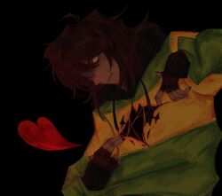  black_background black_hoodie black_nails clenched_teeth deltarune fingerless_gloves gloves hbrtus heart hole_in_chest hole_on_body hood hoodie kris_(deltarune) looking_at_viewer messy_hair nail_polish one_eye_covered parted_lips red_eyes soul_(deltarune) sweater teeth torn_clothes torn_sweater upper_body 