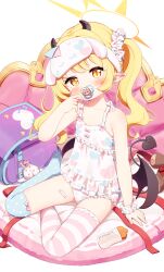  1girl asymmetrical_legwear bandaged_leg bandages bare_shoulders blonde_hair blue_archive blush breasts demon_girl demon_tail demon_wings hair_ornament hair_scrunchie halo highres ibuki_(blue_archive) loli looking_at_viewer nightgown pacifier panties pointy_ears polka_dot polka_dot_legwear print_nightgown print_panties scrunchie setmen side_ponytail sitting sleep_mask small_breasts solo tail thighhighs underwear wings yellow_eyes yellow_halo 