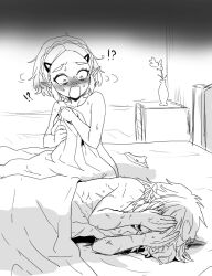  !? 1boy 1girl bed blush confused constricted_pupils covering_face covering_privates ear_blush earrings embarrassed hair_ornament hairclip hands_on_own_face highres implied_after_sex indoors jewelry link looking_at_another lying monochrome motion_lines multiple_scars nintendo nose_blush nude on_bed on_side pointy_ears princess_zelda raised_inner_eyebrows ruined_for_marriage scar sitting sketch sweat tearing_up the_legend_of_zelda the_legend_of_zelda:_tears_of_the_kingdom wasabi_(legemd) 