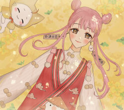  1girl =_= ahoge animal bow bowtie brown_eyes cat cloak clothed_animal cloud_print collared_shirt commentary_request cowboy_shot day double_bun duck_earrings ear_covers earrings eyelashes eyeshadow field flower flower_field go_go_duck_(shining_nikki) hair_bun happy highres hood hood_up hooded_cloak jewelry kohanai_setsuna light_blush long_sleeves lying makeup momo_(nikki) nikki_(nikki) nikki_(series) on_back orange_bow orange_bowtie outdoors pink_bow pink_eyeshadow pink_hair pom_pom_(clothes) puffy_long_sleeves puffy_sleeves red_vest shade shining_nikki shirt short_hair_with_long_locks striped_clothes striped_shirt tareme traditional_bowtie vertical-striped_clothes vertical-striped_shirt vest whiskers white_cat white_shirt yellow_cloak yellow_flower 