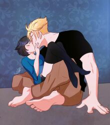  1boy 1girl alternate_costume barefoot black_hair black_shirt blonde_hair blue_eyes closed_eyes cuddling feet hand_on_another&#039;s_cheek hand_on_another&#039;s_face height_difference hetero heterochromia highres husband_and_wife jewelry kiss multicolored_hair muscular muscular_male nyankoart pregnant ring shirt signature simple_background sitting sitting_on_lap sitting_on_person size_difference wedding_band wedding_ring white_hair 
