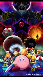  1boy absurdres arm_blade aura bandana bandana_waddle_dee bat_wings black_eyes black_sclera blue_bandana blue_eyes blush_stickers brown_eyes chef_hat chef_kawasaki clenched_teeth closed_mouth colored_sclera commentary copyright_name crown dark_aura dark_matter_(kirby) dark_mind dark_mind_(orb) dark_nebula ddddndn dual_wielding electric_plug electricity energy_sword fire floating gloves gooey_(kirby) hammer hat highres holding holding_hammer holding_polearm holding_sword holding_umbrella holding_wand holding_weapon horns ice icosahedron king_dedede kirby kirby&#039;s_dream_land_3 kirby&#039;s_return_to_dream_land kirby:_squeak_squad kirby_&amp;_the_amazing_mirror kirby_(series) kirby_64 kirby_star_allies letterboxed looking_at_another mask master_crown miracle_matter muscular nintendo one-eyed open_mouth orange_eyes plugg plugg_(kirby) polearm pom_pom_(clothes) red_eyes red_hat red_sclera serious smile space spear standing star_(sky) star_(symbol) sweat sword sword_kirby teeth triple_star two-handed umbrella vividria void_termina void_termina_(demon_god_form) wand weapon white_hat wings yellow_eyes yellow_gloves zero_(kirby) 