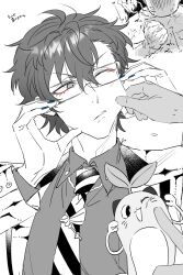  2boys absurdres anger_vein blue_nails cheek_pull collared_shirt gagake_v greyscale hair_between_eyes hands_up highres jacket leos_vincent male_focus mameneko_(leos_vincent) monochrome multiple_boys necktie nijisanji one_eye_closed parted_lips shirt short_hair spot_color sweat tie_clip upper_body veins veiny_hands virtual_youtuber 