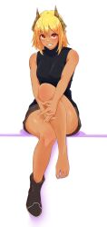  1girl absurdres barefoot blonde_hair dark-skinned_female dark_skin feet highres horns light_blush looking_at_viewer medium_hair neko_040 original parted_lips pointy_ears red_eyes shoes single_shoe sleeveless toes 