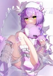  1girl animal_hat beanie bow calflet cardigan cat_hat frilled_pillow frills gauze_on_knee hair_bow hair_ornament hair_rings hairpin hat hat_bow highres holding holding_stuffed_toy knee_up leg_warmers multiple_hairpins off_shoulder parted_bangs pillow purple_hair purple_shirt shinomiya_runa shinomiya_runa_(4th_costume) shirt sitting solo stuffed_toy thigh_strap tokonagi_yori too_many_hair_ornaments two_side_up virtual_youtuber vspo! white_cardigan white_hat wings x_hair_ornament yellow_eyes 