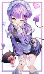  1girl ;d aoha_(aohasora) apron bibi_(tokoyami_towa) black_jacket braid braided_bun commentary_request demon_girl demon_tail double_bun ear_piercing fangs finger_heart floral_print_jacket gradient_hair green_eyes grey_leg_warmers hair_bun hair_ornament hair_over_shoulder hairclip hand_on_own_knee hand_up heart heart_hair_ornament highres hololive jacket jersey_maid jewelry knees_together_feet_apart leaning_forward leg_warmers long_hair looking_at_viewer maid maid_apron maid_headdress multicolored_hair multiple_rings official_alternate_costume official_alternate_hairstyle one_eye_closed open_mouth piercing pink_hair pixel_heart pointy_ears purple_hair purple_sleeves raglan_sleeves ring sleeves_past_wrists smile solo tail teeth tokoyami_towa tokoyami_towa_(8th_costume) track_jacket twin_braids unconventional_maid upper_teeth_only virtual_youtuber 