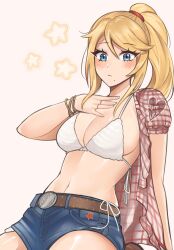  1girl alternate_costume artist_name belt blonde_hair blue_eyes blush bra brown_belt cosplay denim denim_shorts grey_background highres kwon_eun-bi kwon_eun-bi_(cosplay) long_hair looking_at_viewer luci_(purrlucii) metroid mole mole_under_mouth navel nintendo open_clothes open_shirt plaid_clothes plaid_shirt ponytail real_life samus_aran shirt short_shorts shorts signature simple_background solo star_(symbol) stomach underwear white_bra 