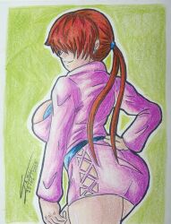 1girl artsjamo ass breasts cleavage cleavage_cutout clothing_cutout curvy dress earrings female_focus fishnets from_behind hand_on_own_hip highres huge_ass huge_breasts jamoarts jewelry large_breasts long_hair looking_back ponytail red_hair shermie_(kof) skirt smile smiley_face the_king_of_fighters thick_thighs thighs twintails wide_hips