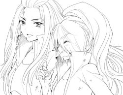 10s 2girls azuki_(aduki) bad_id bad_twitter_id bousouzoku closed_eyes coat delinquent greyscale high_collar kirishima_reiko_(zombie_land_saga) long_hair monochrome multiple_girls nikaidou_saki open_mouth scrape tamagotchi tamagotchi_(virtual_pet) tokkoufuku virtual_pet_(toy) zombie_land_saga