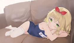  1girl aak absurdres blonde_hair blue_one-piece_swimsuit bow couch crossed_arms green_eyes hair_bow highres idolmaster idolmaster_cinderella_girls looking_at_viewer lying on_stomach one-piece_swimsuit ribbon sakurai_momoka school_swimsuit short_hair smile solo swimsuit thighhighs translated white_thighhighs  rating:Sensitive score:216 user:danbooru