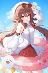  1girl :d :p absurdres arm_up beret blue_sky blush breasts brown-framed_eyewear brown_eyes brown_hair closed_mouth cloud commentary_request day detached_sleeves dress eyewear_lift fang flower-shaped_pupils genshin_impact ghost hair_between_eyes hat highres hu_tao_(cherries_snow-laden)_(genshin_impact) hu_tao_(genshin_impact) innertube long_sleeves medium_breasts open_mouth outdoors pleated_skirt puffy_long_sleeves puffy_sleeves red-tinted_eyewear red_skirt round_eyewear skirt sky sleeveless sleeveless_dress smile solo sunglasses swim_ring symbol-shaped_pupils tinted_eyewear tongue tongue_out water_drop white_dress white_hat white_sleeves yukiunag1 