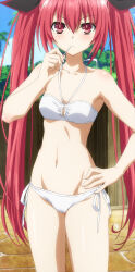 1girl absurdres bikini bra breasts closed_mouth date_a_live hand_on_own_hip highres itsuka_kotori long_hair looking_at_viewer mouth_hold navel red_eyes red_hair ribbon sky small_breasts solo standing stitched swimsuit thighs third-party_edit twintails underwear white_bikini rating:Sensitive score:35 user:spk