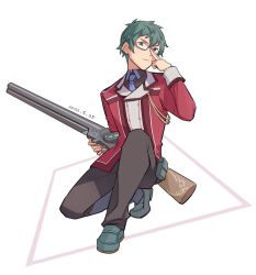  1boy adjusting_eyewear blue_necktie dated double-parted_bangs eiyuu_densetsu feng_you glasses green_eyes green_hair gun hair_between_eyes holding holding_gun holding_weapon jacket kneeling loafers looking_at_viewer machias_regnitz male_focus necktie school_uniform sen_no_kiseki_(series) sen_no_kiseki_i shoes short_hair simple_background solo thors_military_academy_class_vii_uniform weapon white_background 