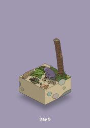 beach bitten commentary_request diorama firemaking food fruit gozz highres holding holding_stick isometric leaf leaning_forward original palm_leaf purple_background shell sitting stick sweat tree wood rating:General score:2 user:danbooru
