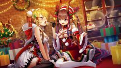 2girls alternate_costume bell blonde_hair breasts cake christmas christmas_ornaments cleavage dielle feeding food hair_bell hair_ornament highres horns long_hair mistletoe_hair_ornament multiple_girls non-web_source official_art one_eye_closed purple_eyes raspi sitting thighhighs underboob valkyrie_connect white_legwear  rating:Sensitive score:6 user:ZenebasFury
