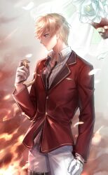 1boy artist_request belt belt_buckle black_belt blazer blonde_hair blue_eyes breast_pocket buckle burnt closed_mouth cloud cloudy_sky collared_jacket collared_shirt cowboy_shot day dress_pants envelope expressionless fire floating_hair flower game_cg gloves half_gloves highres holding_medal jacket lapels layered_sleeves light_frown light_rays loen_(shining_nikki) long_sleeves looking_to_the_side male_focus nikki_(series) notched_lapels official_art outdoors pants petals pocket pointy_nose red_jacket shining_nikki shirt short_hair sky solo standing striped_clothes striped_shirt sunlight thigh_belt thigh_strap vertical-striped_clothes vertical-striped_shirt white_flower white_gloves white_pants white_shirt wind 