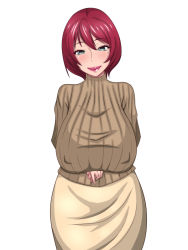  1girl black_eyes breast_hold breasts covered_erect_nipples female_focus huge_breasts lips lipstick long_skirt makeup mature_female mole naito_(artist) original red_hair short_hair simple_background skirt smile solo sweater white_background 
