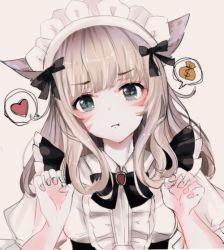 1girl :t alternate_costume animal_ears bad_id bad_pixiv_id beige_background black_bow black_bowtie bow bowtie cat_ears center_frills claw_pose closed_mouth commentary_request enmaided facial_mark female_focus final_fantasy final_fantasy_xiv fingernails frills grey_eyes hands_up heart leaning_on_person light_brown_hair long_hair looking_at_viewer maid maid_headdress miqo&#039;te money_bag nail_polish pink_nails pout puffy_short_sleeves puffy_sleeves sakura_mochiko shirt short_sleeves simple_background solo spoken_heart spoken_object white_shirt rating:Sensitive score:3 user:danbooru