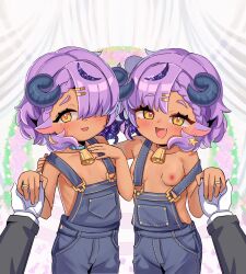  2girls :d absurdres animal_ears bare_arms bare_shoulders blush breasts cowboy_shot crescent crescent_earrings curled_horns dark-skinned_female dark_skin denim_overalls earrings fang hair_over_one_eye highres horns husband_and_wives jewelry loli looking_at_viewer multiple_girls naked_overalls nipple_slip nipples open_mouth original overalls pov pov_hands purple_hair qamar_(suta) ring short_hair small_breasts smile star_(symbol) star_earrings stella_(suta) strap_slip vieru2n wedding_ring yellow_eyes 