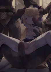  2girls 3boys absurdres arm_grab black_skin blonde_hair breasts clenched_teeth colored_skin erection eyepatch fischl_(ein_immernachtstraum)_(genshin_impact) fischl_(genshin_impact) gangbang genshin_impact grabbing_another&#039;s_breast groping group_sex gueya hetero highres hilichurl_(genshin_impact) imminent_penetration interspecies long_hair multiple_boys multiple_girls multiple_penises nipples one_eye_covered paimon_(genshin_impact) penis penis_on_face red_eyes restrained small_breasts solo_focus teeth thighhighs torn_clothes uncensored white_hair white_thighhighs 