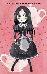  007_(pixiv295076) 1girl alice:_madness_returns alice_(alice_in_wonderland) alice&#039;s_adventures_in_wonderland alice_liddell_(american_mcgee&#039;s_alice) american_mcgee&#039;s_alice bad_id black_hair dress english_text female_focus full_body green_eyes long_hair solo teapot 