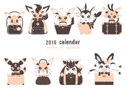  2016 :3 artist_name bag bright_pupils eevee espeon evolutionary_line flareon gen_1_pokemon gen_2_pokemon gen_4_pokemon gen_6_pokemon glaceon handbag in_bag in_container jolteon leafeon manami_(uovoegg) monochrome nintendo no_humans pokemon pokemon_(creature) simple_background smile sylveon umbreon vaporeon white_background white_pupils 