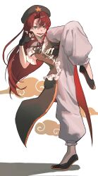  1girl black_gloves black_hat blue_eyes braid chinese_clothes chinese_commentary commentary_request fingerless_gloves full_body gloves hat highres hong_meiling imkooooww long_hair open_mouth pants print_hat red_hair slippers smile solo standing standing_on_one_leg star_(symbol) star_print touhou twin_braids white_background white_pants 