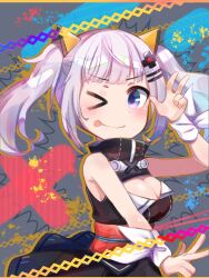  &gt;_o 1girl ;p arm_up bare_shoulders black_dress blush breasts cleavage cleavage_cutout closed_mouth clothing_cutout commentary_request dress grey_background grey_hair hair_ornament hairclip kaguya_luna large_breasts long_hair looking_at_viewer one_eye_closed roin sleeveless sleeveless_dress smile solo the_moon_studio tongue tongue_out twintails virtual_youtuber w 