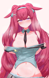 1girl absurdres animal_ears arknights bare_shoulders between_breasts black_gloves black_necktie breasts closed_mouth clothes_pull collarbone crop_top detached_collar fingerless_gloves gloves grey_shirt highres long_hair looking_at_viewer medium_breasts midriff navel necktie necktie_between_breasts no_bra official_alternate_costume pink_hair purple_eyes rabbit_ears ray_(arknights) ray_(dreaming_high)_(arknights) shirt shirt_pull simple_background smile solo stomach sweat two_side_up upper_body v-shaped_eyebrows very_long_hair white_background yeong100 