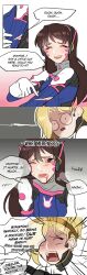  2girls absurdres angry animal_print beaten blonde_hair blood blood_from_mouth brown_eyes brown_hair cuts d.va_(overwatch) english_text facial_mark giji-p gloves headphones highres imagining injury mercy_(overwatch) multiple_girls overwatch overwatch_1 ponytail rabbit_print shouting 