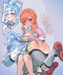  2girls ass ass_smack blue_eyes blue_hair breasts cleavage commission dirndl earrings feather_earrings feathers german_clothes highres hololive hololive_english hololive_indonesia jewelry kobo_kanaeru kobo_kanaeru_(1st_costume) large_breasts liquid_hair long_hair moral_cacoethes multicolored_hair multiple_girls official_alternate_costume orange_hair over_the_knee paid_reward_available punishment purple_eyes shoe_soles simple_background slapping spanked spanking split_ponytail takanashi_kiara takanashi_kiara_(dirndl) two-tone_hair virtual_youtuber white_hair 