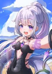  1girl :d absurdres beach black_choker black_one-piece_swimsuit blue_sky blush breasts chest_jewel choker cloud covered_navel day gem hand_on_own_hip highres hololive hololive_english holonatsu_paradise innertube koseki_bijou koseki_bijou_(holonatsu_paradise) long_hair looking_at_viewer multicolored_hair ocean official_alternate_costume official_alternate_hairstyle one-piece_swimsuit open_mouth outdoors ponytail purple_eyes purple_gemstone sidelocks sky small_breasts smile solo swim_ring swimsuit uminonin46978 very_long_hair virtual_youtuber 