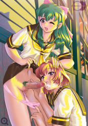 00s 1futa 1girl behind_moon bow brown_hair censored clothes_lift cum ejaculation fellatio female_pubic_hair futa_with_female futanari green_hair hand_on_another&#039;s_head long_hair miyafuji_miina mosaic_censoring multiple_girls onegai_twins onodera_karen oral panties penis pubic_hair school_uniform serafuku short_hair skirt skirt_lift underwear rating:Explicit score:37 user:danbooru