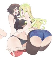  2girls :d absurdres ass bare_arms bare_shoulders black_panties black_tank_top blue_eyes blue_shorts bonnouji_momoha breast_press breasts brown_hair chaps clothes_pull commentary denim denim_shorts english_commentary female_focus finger_to_mouth green_hair hand_on_another&#039;s_back hand_on_another&#039;s_waist highres hornfelstone kimi_no_koto_ga_dai_dai_dai_dai_daisuki_na_100-nin_no_kanojo large_breasts long_hair multiple_girls navel open_mouth panties pants pants_pull red_eyes red_pants short_hair short_shorts shorts simple_background smile symmetrical_docking tank_top tongue tongue_out track_pants trait_connection underwear white_background yamato_nadeshiko_(hyakkano) yuri 