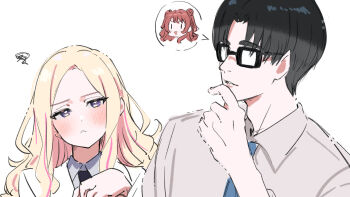  1boy 1girl :&lt; black-framed_eyewear black_hair blazer blonde_hair blush commentary_request dress_shirt forehead gakuen_idolmaster glasses hanami_saki hand_on_own_chin idolmaster jacket juo_sena kasasagi_(futagodori888) long_hair looking_at_another multicolored_hair pink_hair producer_(idolmaster) purple_eyes shirt short_hair simple_background spoken_character squiggle streaked_hair stroking_own_chin two-tone_hair upper_body white_background white_jacket white_shirt 