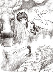  1boy 1girl :3 animal ass berserk black_hair butt_crack feet greyscale grunbeld_(berserk) legs_up loli long_hair miura_kentarou monochrome moose muscular nude thighs wolf 