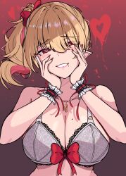  1girl absurdres black_wrist_cuffs blonde_hair blush bow bow_bra bra breasts cleavage collarbone colored_inner_hair commentary coubalty elvira_fin_(coubalty) english_commentary fingernails grey_bra grin hair_between_eyes hands_on_own_cheeks hands_on_own_face heart heart_in_eye highres huge_breasts jewelry lace lace-trimmed_bra lace_trim long_hair looking_at_viewer mole mole_on_breast mole_under_mouth multicolored_hair nail_polish necklace original pink_eyes pink_hair pink_lips pointy_ears red_background red_bow red_nails red_ribbon ribbon side_ponytail smile solo symbol_in_eye two-tone_hair underwear wrist_cuffs wrist_ribbon yandere 