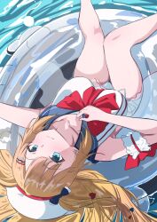  1girl akai_haato akai_haato_(holonatsu_paradise) blonde_hair blue_eyes blush bow breasts hair_ornament hairclip hat heart highres hololive holonatsu_paradise innertube large_breasts long_hair looking_at_viewer lying miree_030 official_alternate_costume official_alternate_hairstyle one-piece_swimsuit sailor_collar smile solo swim_ring swimsuit two_side_up upside-down very_long_hair virtual_youtuber water white_one-piece_swimsuit 
