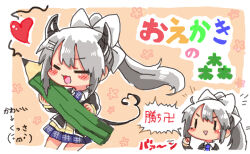  1girl :&gt; :d black_jacket blazer blush_stickers bow brown_background brown_sweater chibi clenched_hand closed_eyes grey_hair hair_bow higuchi_kaede higuchi_kaede_(1st_costume) holding holding_pencil horns jacket mole mole_under_eye multiple_views nijisanji open_clothes open_jacket open_mouth parted_lips pencil pleated_skirt ponytail purple_eyes purple_skirt rebecca_(keinelove) school_uniform skirt smile sweater tail translation_request triangle_mouth v-shaped_eyebrows virtual_youtuber white_bow 