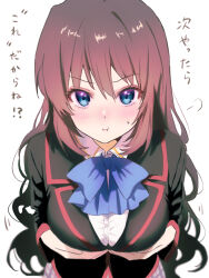  1girl :i a-chan_(little_busters!) black_jacket blue_bow blue_bowtie blue_eyes blush bow bowtie breasts brown_hair closed_mouth collared_shirt commentary eyelashes from_above grabbing_own_breast hair_between_eyes highres jacket little_busters! little_busters!_school_uniform long_hair long_sleeves looking_at_viewer meme miiizuno_lbs motion_lines next_time_you&#039;re_getting_this_(meme) nose_blush paizuri_gesture pout puff_of_air school_uniform shirt solo straight-on translated upper_body upturned_eyes very_long_hair wavy_hair white_shirt 
