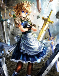  1girl apron black_gloves black_pantyhose blue_eyes bow braid cross-laced_clothes crossed_arms female_focus fingerless_gloves frills gloria gloves green_bow hair_bow izayoi_sakuya kuro_kichi m.u.g.e.n maid maid_apron maid_headdress pantyhose planted planted_sword planted_weapon puffy_short_sleeves puffy_sleeves sash short_hair short_sleeves silver_hair solo standing stone sword touhou twin_braids waist_apron weapon white_apron 