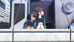  2girls :o arms_on_knees black_hair black_stripes blazer blue_sailor_collar bob_cut bow brown_eyes brown_hair buttons chest_bow chuo_tanegashima_high_school_uniform chuo_tanegashima_high_winter_school_uniform collarbone daitoku_junna dark-skinned_female dark_skin fukuda_tomonori game_cg grey_eyes grey_jacket grey_shirt hair_between_eyes head_on_another&#039;s_shoulder high_ponytail highres jacket knees_up leaning_on_person leaning_to_the_side long_sleeves looking_at_another looking_to_the_side multiple_girls non-web_source official_art open_mouth ponytail ponytail_with_braided_base red_bow robotics;notes sailor_collar school_uniform senomiya_akiho shiny_lips shiny_skin shirt short_hair side-by-side sitting sleepy smile waking_up 