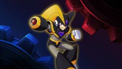  1boy android arm_cannon armor bass_(mega_man) black_armor black_helmet chest_jewel clenched_hand clenched_teeth facial_mark fighting_stance forehead_jewel gears helmet highres jewelry looking_at_viewer male_focus mega_man_(classic) mega_man_(series) mega_man_11 official_style red_eyes robot robot_ears solo sprinqgueen teeth two-tone_background weapon 