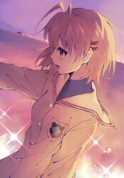  1girl antenna_hair blue_shirt blush brown_eyes brown_hair brown_jacket clannad collar commentary emblem english_commentary furukawa_nagisa hair_ornament hairclip highres hikarizaka_private_high_school_uniform jacket long_sleeves medium_hair open_mouth outdoors parallel_hairclips purple_sky school_uniform shirt sky smile solo sparkle twilight water water_drop white_collar yuto_(ayakiyuto) 
