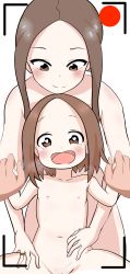 1boy 2girls absurdres backstreetgirl blush brown_eyes brown_hair cum flat_chest heart heart-shaped_pupils highres holding_hands implied_sex incest karakai_jouzu_no_takagi-san loli long_hair looking_at_viewer medium_hair mother_and_daughter multiple_girls nipples nishikata_chii nude pov pussy recording smile sweat symbol-shaped_pupils takagi-san white_background rating:Explicit score:1075 user:FabricioDias