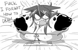 1girl between_breasts breasts drawing_(action) drawing_tablet english_text fang female_focus grabbing_own_breast huge_breasts lactation lass_(ego_trigger) long_hair matsu-sensei milk monochrome open_mouth original pasties pen solo sweat upper_body 