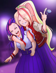 10s 2girls arm_around_shoulder blonde_hair blue_hair cuts eyes_visible_through_hair hair_over_one_eye highres injury jacket key kirishima_reiko_(zombie_land_saga) letterman_jacket long_hair multicolored_hair multiple_girls necktie nikaidou_saki pink_hair pleated_skirt ponytail purple_hair skirt smile standing streaked_hair tamagotchi tamagotchi_(virtual_pet) tape teeth virtual_pet_(toy) wristband yellow_nicky zombie_land_saga