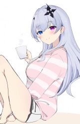  +_+ 1girl absurdres barefoot blue_eyes blush breasts closed_mouth cross cross-shaped_pupils cross_hair_ornament crossed_legs cup grey_hair hair_ornament heterochromia highres inverted_cross knee_up large_breasts light_smile long_hair long_sleeves looking_at_viewer mattyazuki neo-porte pajamas pink_eyes pink_pajamas short_shorts shorts sitting sleepwear smile solo steam striped_clothes striped_pajamas symbol-shaped_pupils teacup tentei_forte virtual_youtuber white_background white_pajamas white_shorts 